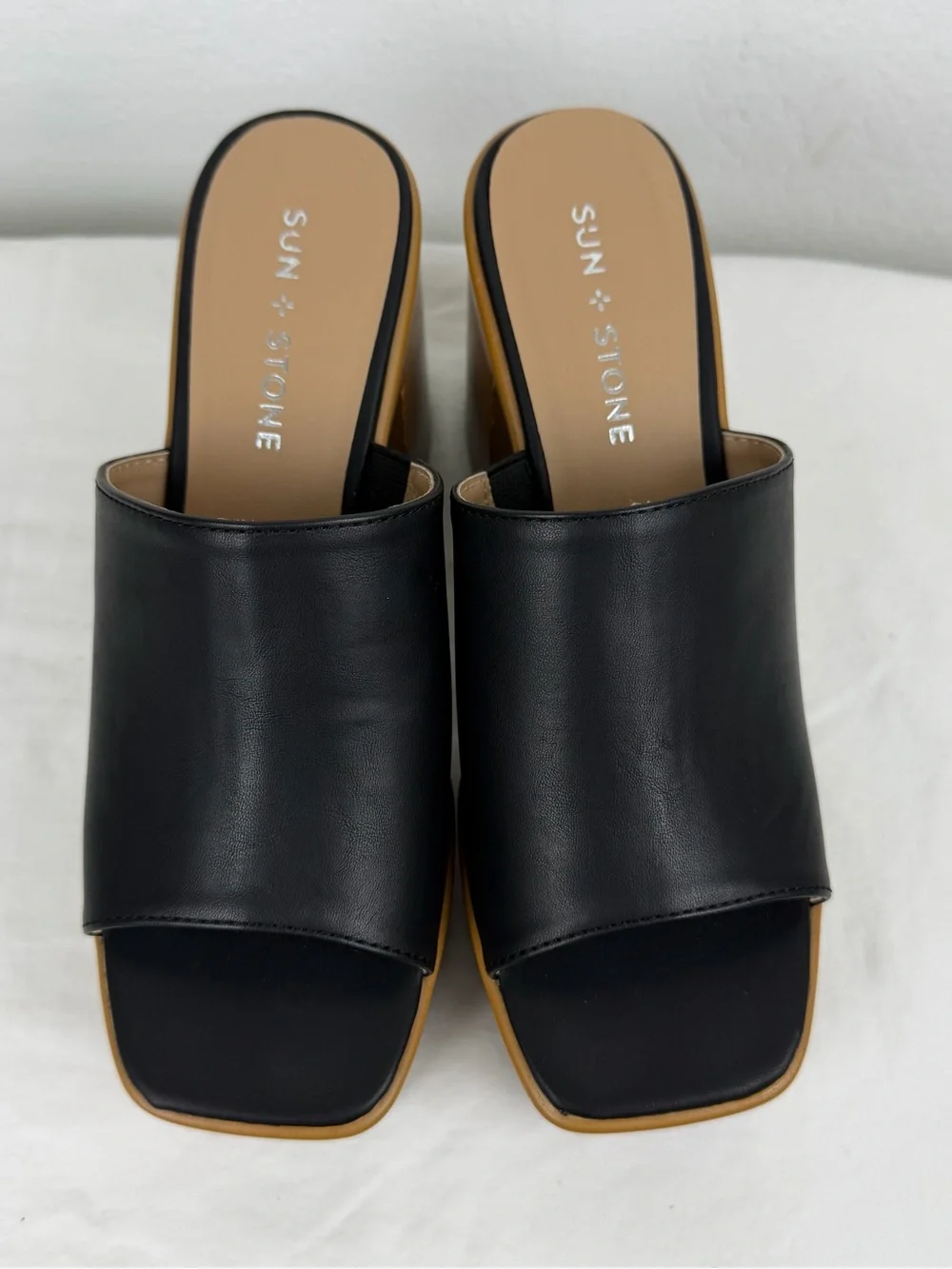 Sun + Stone Black Faux Leather Platform Slide Sandals